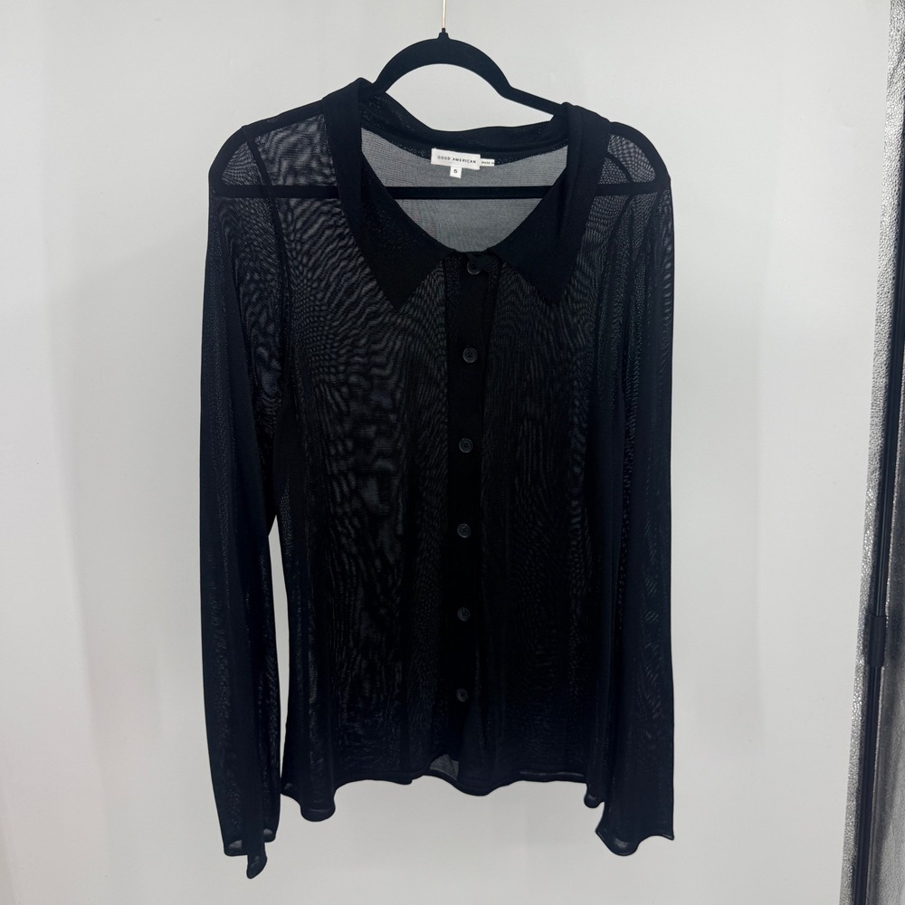 Good American Black Sheer Mesh Button Down Shirt Long Sleeve Collared Top 5 2XL